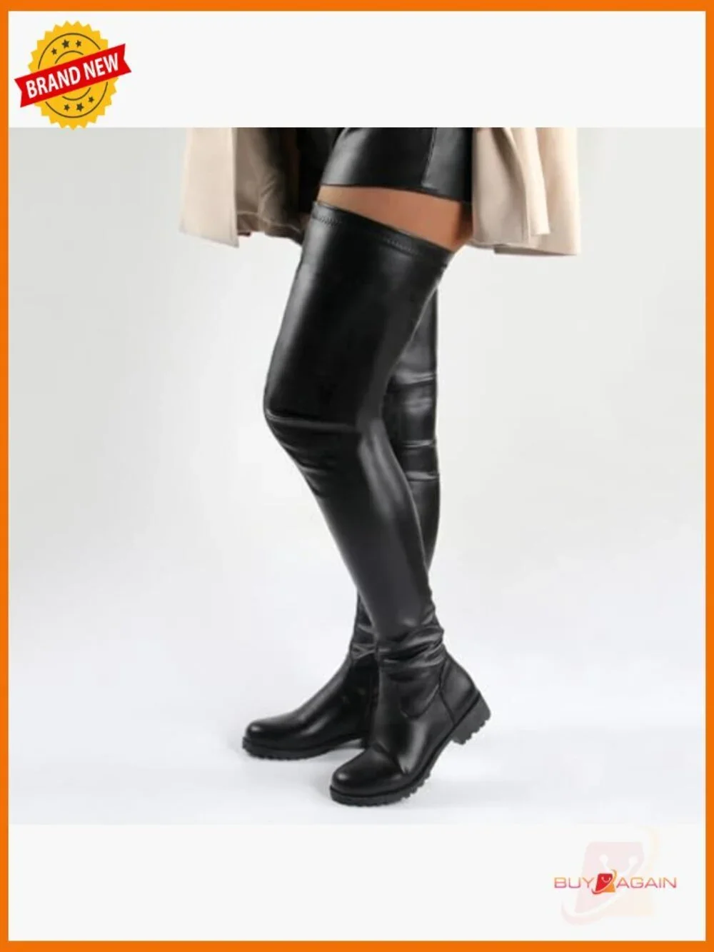 Faux Leather Over-the-Knee Boots with Zipper, Chunky Heel, Round Toe